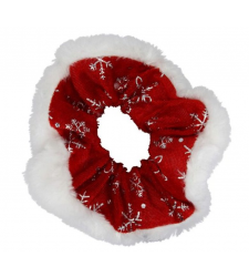 Red Christmas Hair Scrunchie Silver Snowflakes White Fur Trim