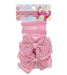 Pink School Hair Set 6 Gingham Bow Clip Bendies Hair Grips