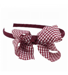 Burgundy Gingham Bow Girls School Alice Headband Hair Band