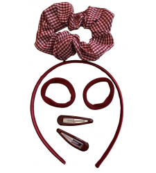 Burgundy Satin Headband Gingham Ponios Scrunchies Clips Set