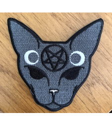 Occult Cat Iron on Sew On Cloth Patch Black Silver Vegan adhesiv
