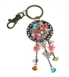 Metal Keyring Bag Charm Beaded Floral Disc