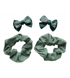 Green Gingham School Hair Set 2 Bow Clips 2 Scrunchies