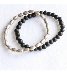 Pair of Stretchy Wooden Beaded Bracelets Silver Black