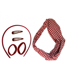 Burgundy Gingham Bandeau Satin Headband Ponios Clips Set