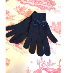Ladies Navy Blue Gloves Stretch Magic Velvet Bow