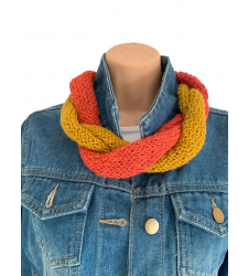 Knitted Infinity Loop Scarf Handmade Mustard Yellow Rust Red Gre